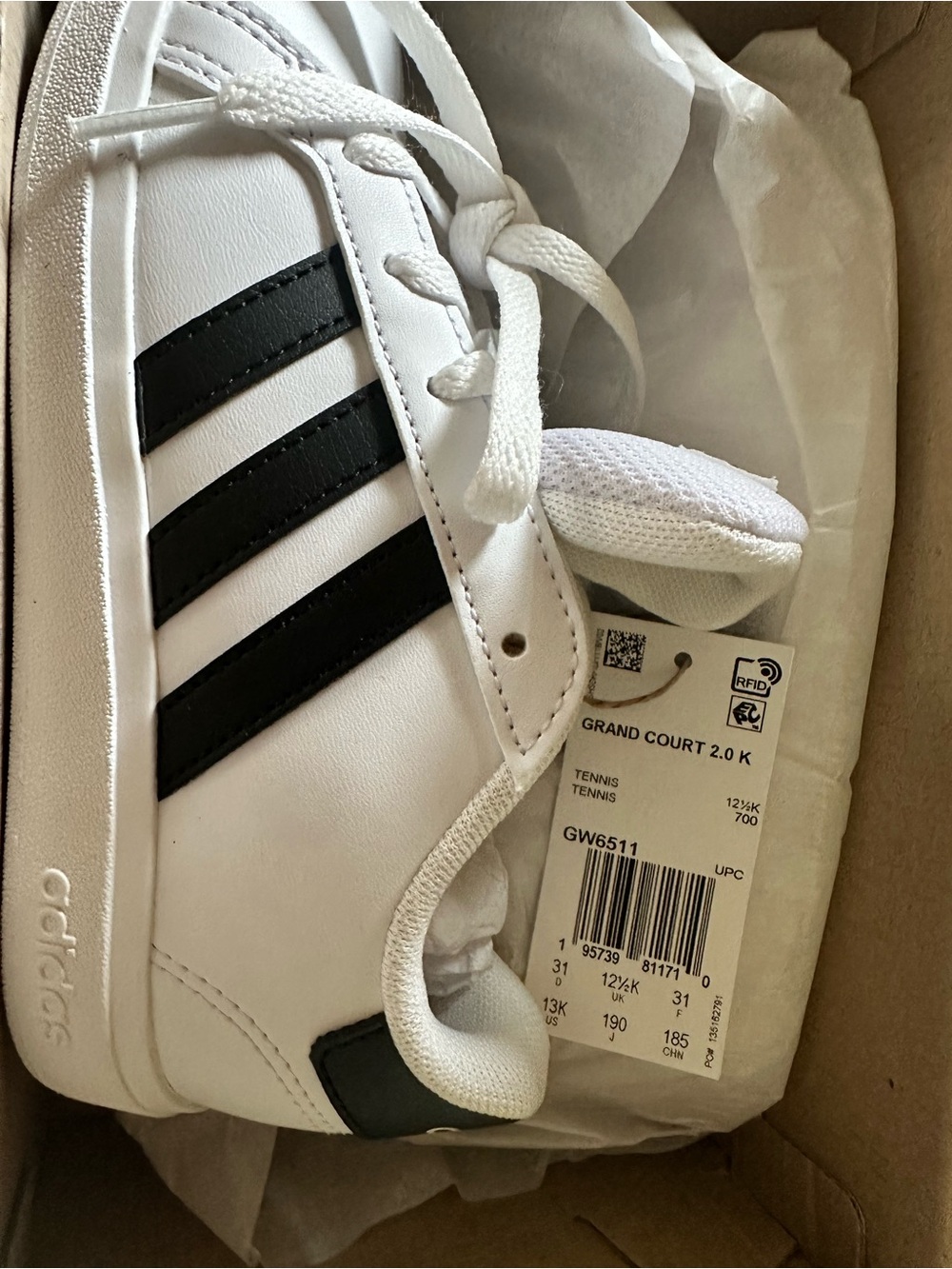 adidas White and Black Grand Court 2.0 K Kids Sneakers